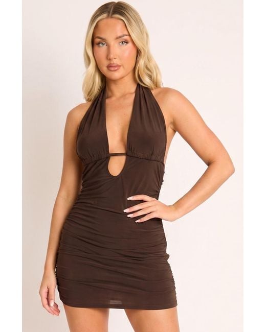 Rebellious Fashion Brown Plunge Keyhole Halter Mini Dress