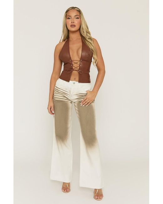 Rebellious Fashion Brown Tan Faux Leather Lace Front Halter Top