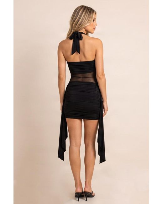 Rebellious Fashion Natural Slinky Mesh Insert Halterneck Mini Dress