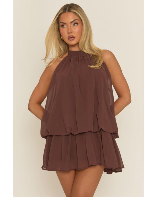 Rebellious Fashion Brown Halterneck Blouson Mini Dress