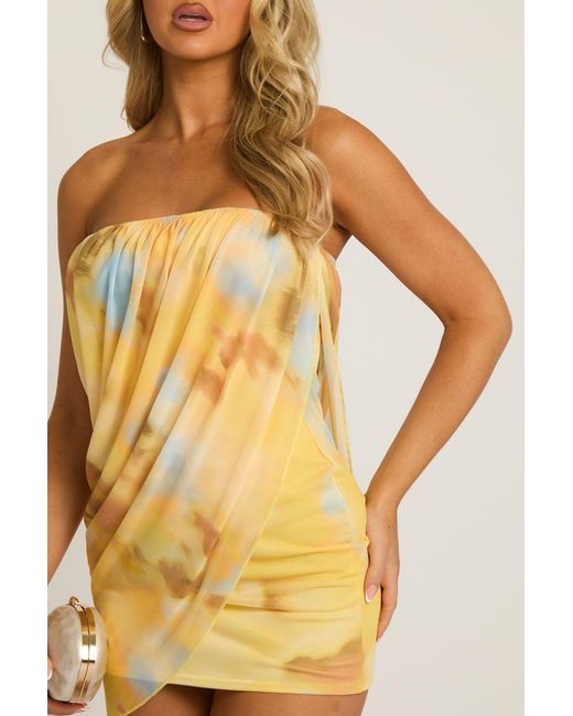Rebellious Fashion Brown Abstract Print Bandeau Mesh Overlay Mini Dress