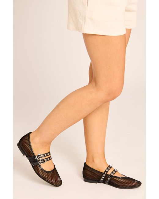 Rebellious Fashion Black Mesh Buckled Ballet Flats
