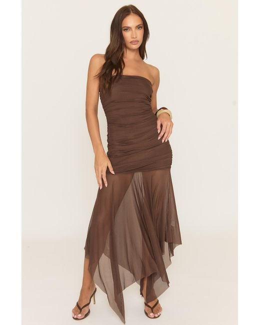 Rebellious Fashion Brown Bandeau Asymmetric Waterfall Hem Mesh Maxi Dress