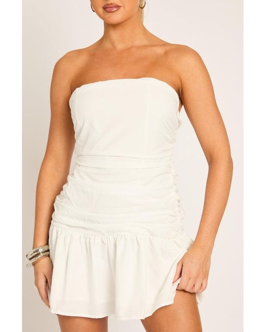 Rebellious Fashion Natural Poplin Ruched Bandeau Mini Dress