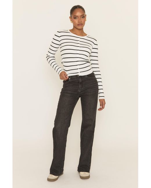 Rebellious Fashion Natural Striped Rib Knit Button Up Top