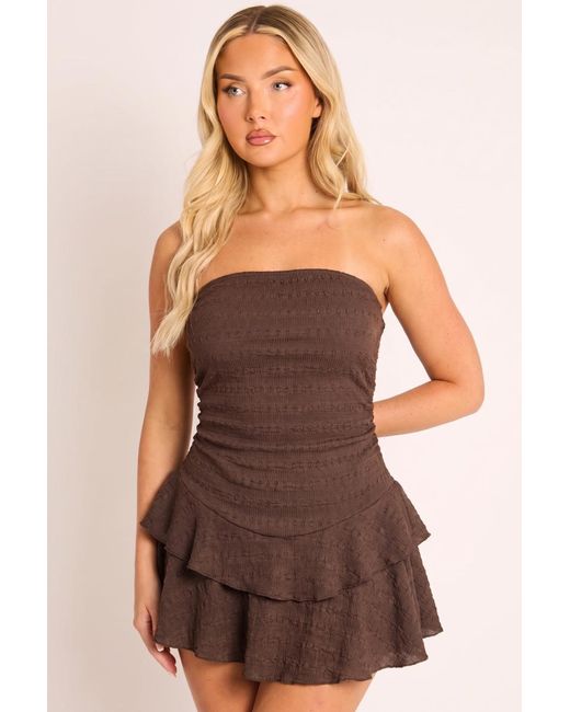 Rebellious Fashion Brown Bandeau Textured Flippy Playsuit