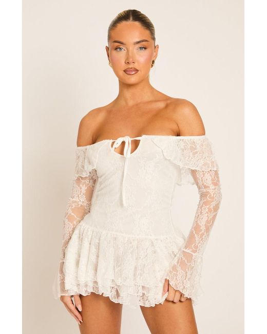 Rebellious Fashion Natural Lace Bardot Frill Mini Dress