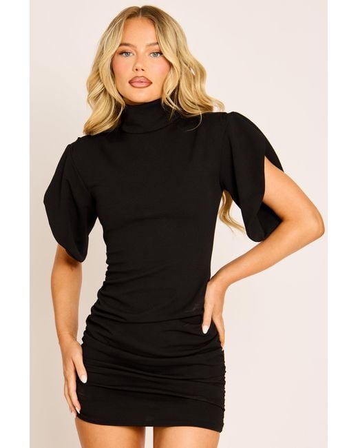 Rebellious Fashion Black High Neck Ruched Mini Dress