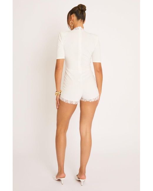 Rebellious Fashion White Shoulder Pad Lace Trim Playsuit