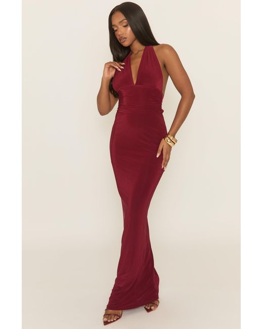 Rebellious Fashion Red Halterneck Tie Back Maxi Dress
