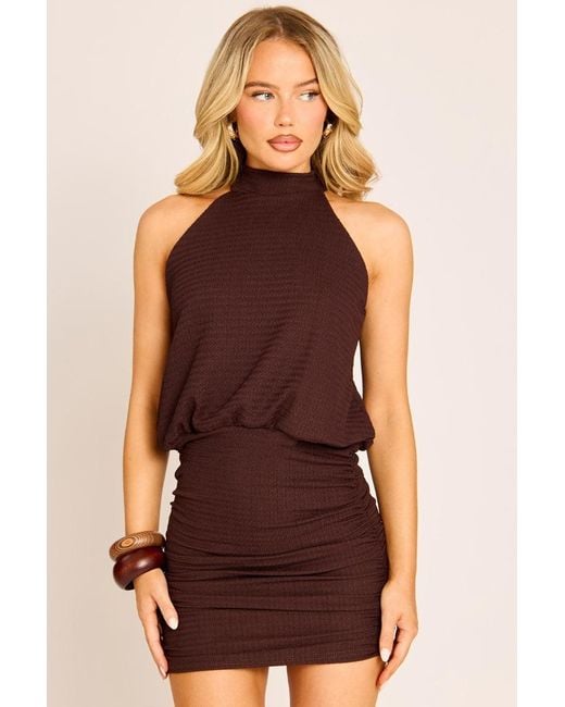 Rebellious Fashion Brown Textured Halter Blouson Mini Dress