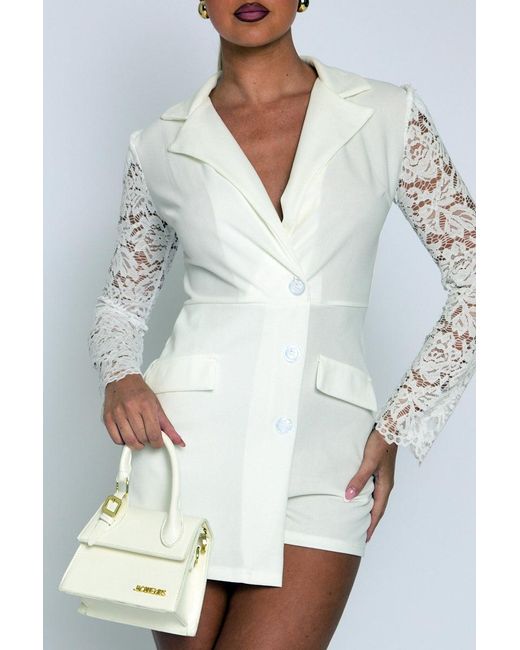 Rebellious Fashion Natural Lace Sleeve Tailored Blazer Playsuit
