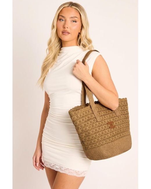Rebellious Fashion Natural Logo Detail Woven Tote Bag