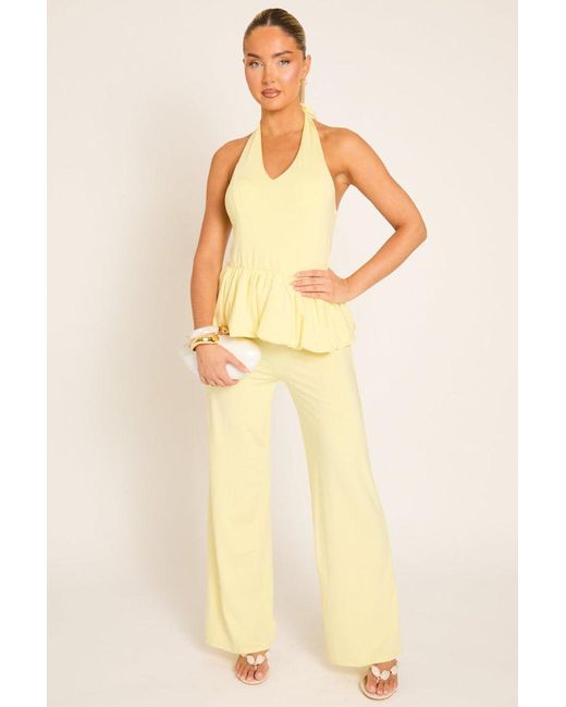Rebellious Fashion Natural Halterneck Peplum Top And Wide Leg Trouser Co-Ord Set