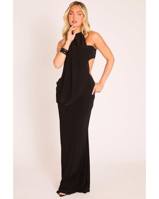 Rebellious Fashion Black Drape High Neck Maxi Dress