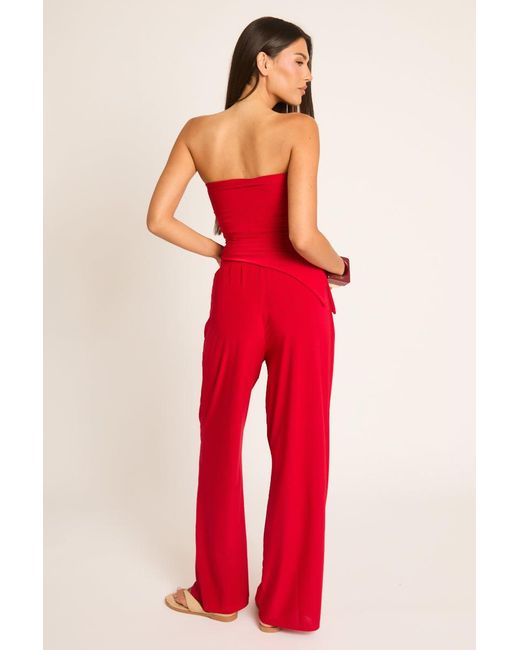 Rebellious Fashion Red Bandeau Asymmetric Top And Wide Leg Trouser Co-Ord Set