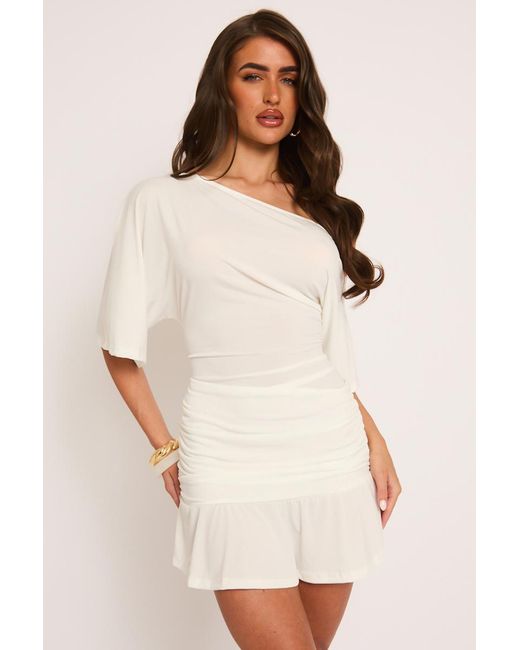 Rebellious Fashion Natural Cream Slouchy Off Shoulder Mini Dress