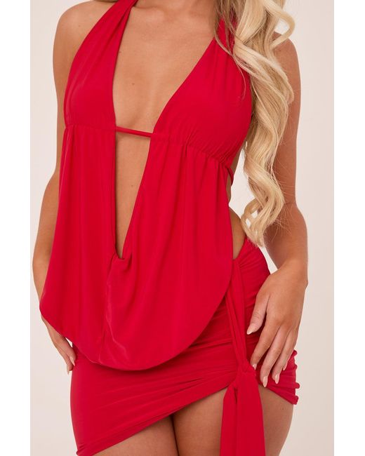 Rebellious Fashion Red Plunge Neck Cowl Detail Top & Mini Skirt Co-Ord Set