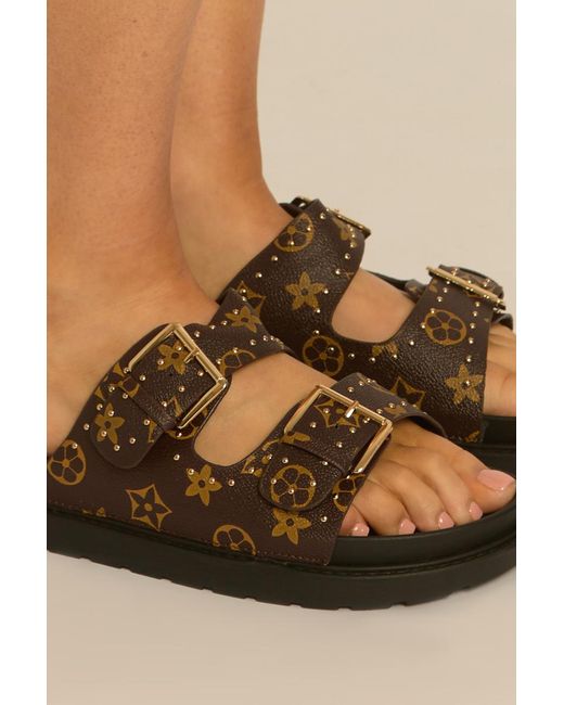 Rebellious Fashion Natural Faux Leather Logo Detail Studded Sandals