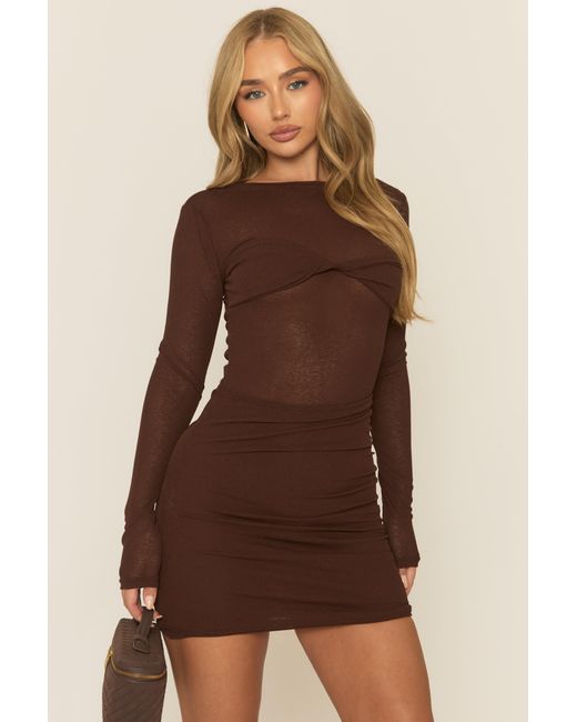 Rebellious Fashion Brown Twist Front Long Sleeve Mini Dress