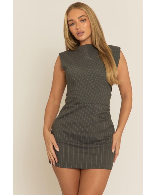 Rebellious Fashion Gray Pinstripe Shoulder Pad Mini Dress