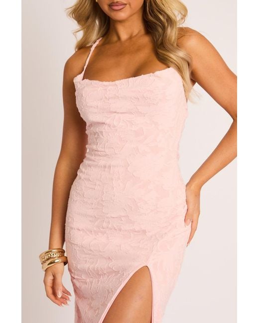 Rebellious Fashion Pink Burnout Floral Cowl Neck Maxi Dress