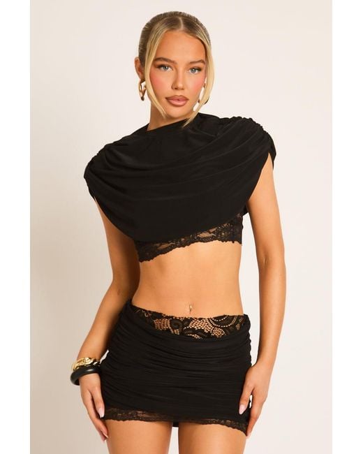 Rebellious Fashion Black Lace Trim Cape Top And Mini Skirt Co-Ord Set