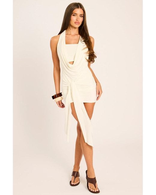 Rebellious Fashion Natural Cowl Neck Drape Mini Dress