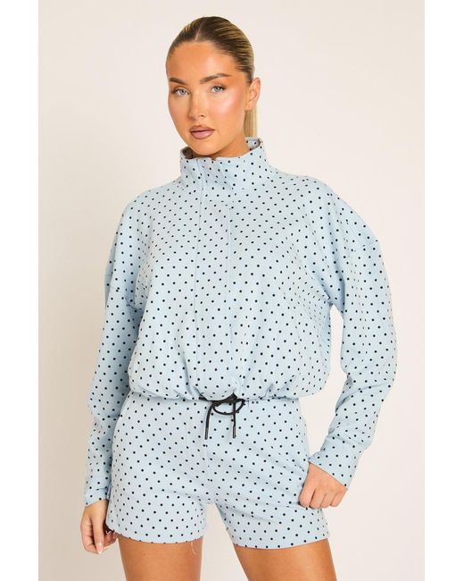 Rebellious Fashion Blue High Neck Zip Up Jacket And Shorts Co-Ord Set