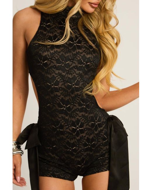 Rebellious Fashion Black Lace Cut Out Bow Detail Playsuit