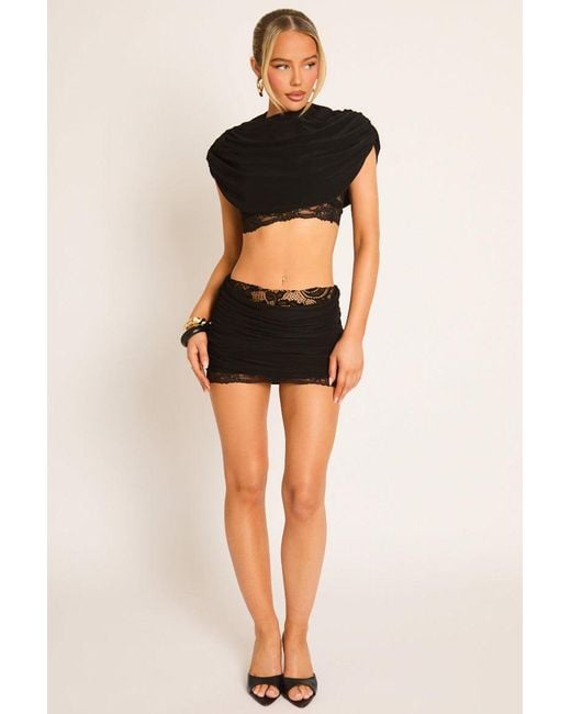 Rebellious Fashion Black Lace Trim Cape Top And Mini Skirt Co-Ord Set