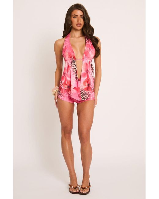 Rebellious Fashion Pink Leopard Plunge Cowl Top & Micro Short Co-Ord Set