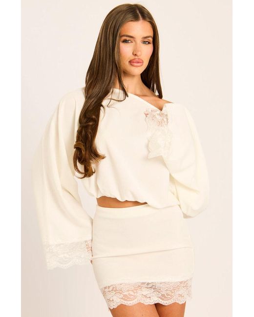 Rebellious Fashion Natural Off Shoulder Lace Trim Top And Mini Skirt Co-Ord Set