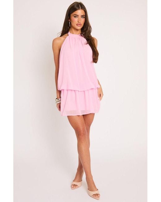 Rebellious Fashion Pink Halterneck Blouson Mini Dress