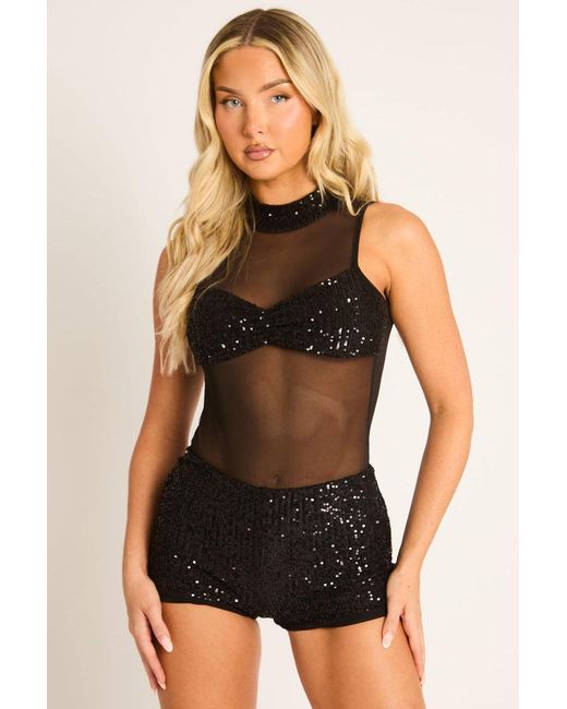 Rebellious Fashion Black Sequin Mesh High Neck Bodysuit And Shorts Co-Ord Set