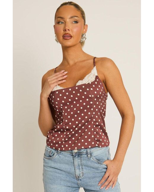 Rebellious Fashion Red Satin Polka Dot Lace Trim Cami Top