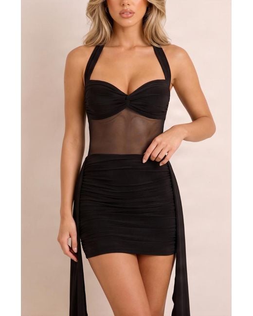 Rebellious Fashion Natural Slinky Mesh Insert Halterneck Mini Dress