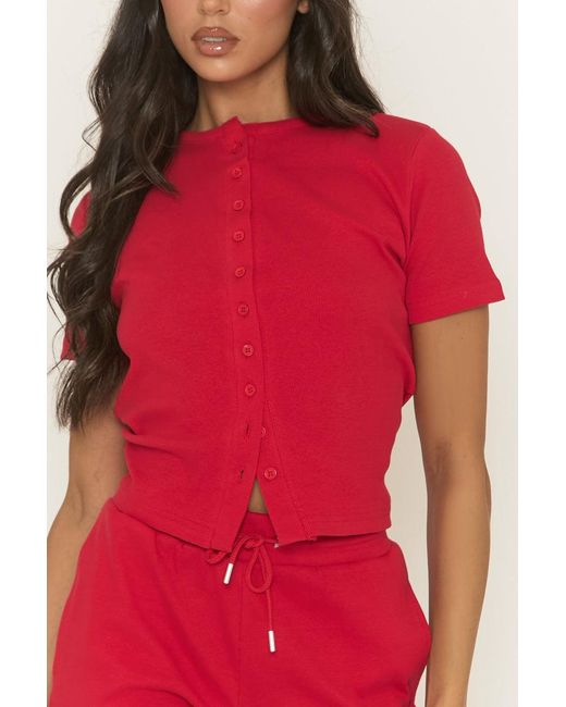 Rebellious Fashion Red Rib Button Front Top And Short Loungewear Co-Ord Set