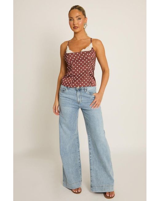 Rebellious Fashion Red Satin Polka Dot Lace Trim Cami Top