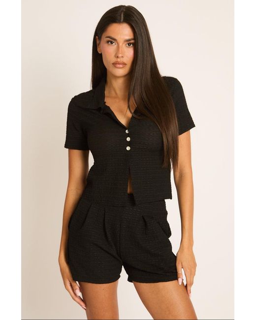Rebellious Fashion Black Textured Short Sleeve Shirt And Shorts Co-Ord Set