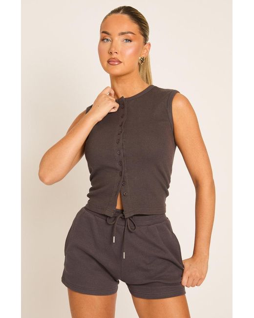 Rebellious Fashion Natural Sleeveless Button Front Rib Top And Short Loungewear Co-Ord Set
