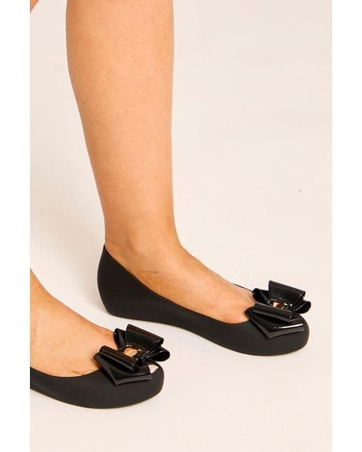 Rebellious Fashion Black Matte Bow Trim Detail Jelly Ballet Flats