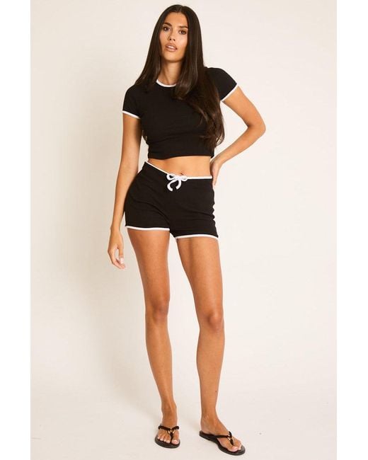 Rebellious Fashion Black Rib Contrast Binding Top And Shorts Co-Ord Set
