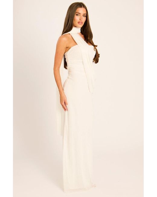 Rebellious Fashion Natural Mesh Scarf Detail Bandeau Maxi Dress