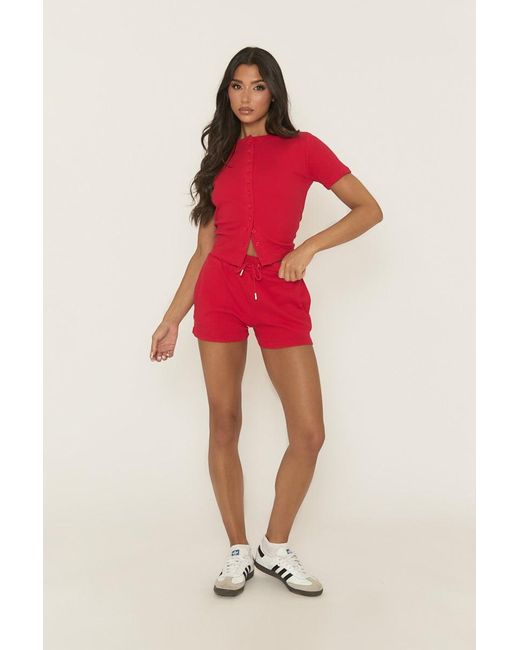 Rebellious Fashion Red Rib Button Front Top And Short Loungewear Co-Ord Set