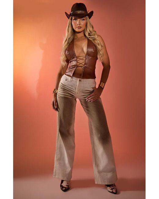 Rebellious Fashion Brown Tan Faux Leather Lace Front Halter Top
