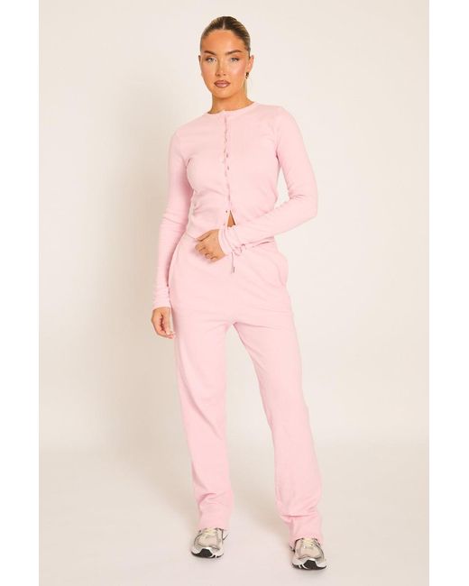 Rebellious Fashion Pink Button Front Long Sleeve Top And Trouser Loungewear Co-Ord Set