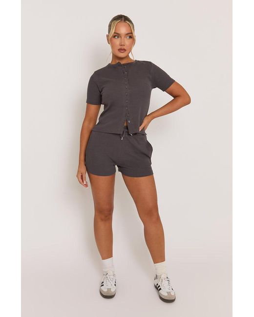 Rebellious Fashion Gray Charcoal Rib Button Front Top And Short Co-Ord Set