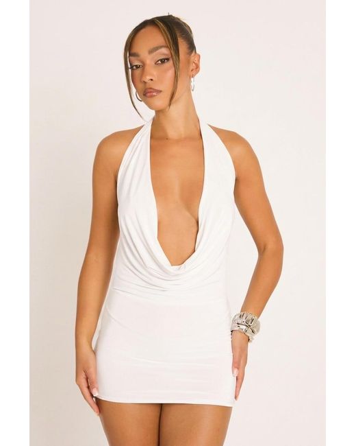 Rebellious Fashion White Cowl Halterneck Mini Dress