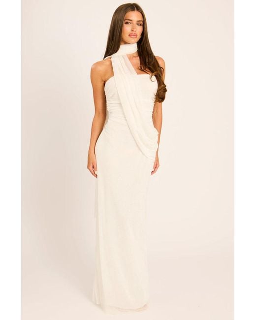 Rebellious Fashion Natural Mesh Scarf Detail Bandeau Maxi Dress